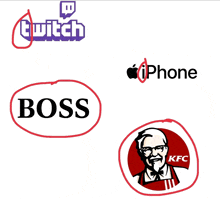 a drawing of a kfc logo next to a twitch logo and an apple logo