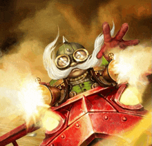a cartoon character with a beard and goggles is flying on a red object