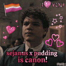 a picture of a man with the words " sejanus x pudding is canon " above him