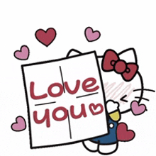 hello kitty is holding a sign that says `` love you ''