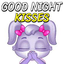 a purple bunny with a pink bow on her head is saying good night kisses .