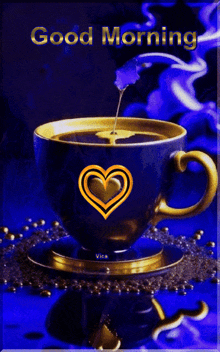 a cup of coffee with a heart on it and the words " good morning "