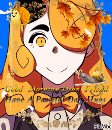a picture of a girl with a snail on her head and the words good morning dear friend have a peaceful day hugs