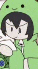 a close up of a cartoon character wearing a green frog suit .