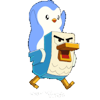 a blue and white penguin is carrying a white bird on its back