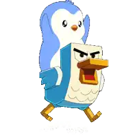 a blue and white penguin is carrying a white bird on its back
