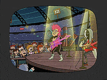 a cartoon of a man playing a guitar and a woman singing