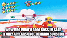a screenshot of a video game with the words wow bro what a cool boss im glad it only appears once in mario sunshine