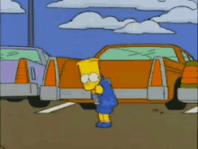 bart simpson is standing in a parking lot looking at his phone