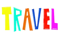 the word travel is written in a colorful font