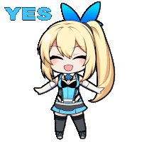 a cartoon of a girl with a blue bow and the word yes above her