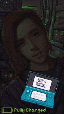 a cartoon of a girl holding a nintendo 3ds with a twitch logo on it