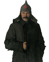 a man with a red star on his helmet is wearing a black coat