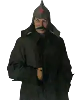 a man with a red star on his helmet is wearing a black coat