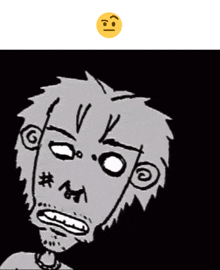 a black and white drawing of a man with a yellow smiley face above him