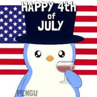 a penguin wearing a top hat holds a glass of wine in front of an american flag