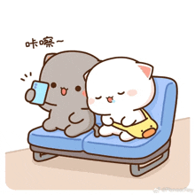 a cartoon of two cats sitting on a couch with one holding a cell phone