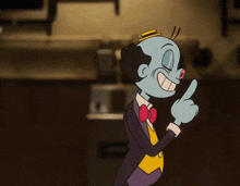 a cartoon character wearing a tuxedo and bow tie points his finger up