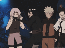 a group of anime characters including a girl with a bandage on her arm and a man with a star on his head