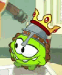 a cartoon character wearing a crown and a helmet .