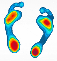 a pair of blue footprints with red circles on them on a white background