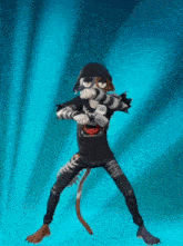 a cartoon character is wearing a black shirt with a skull and crossbones on it