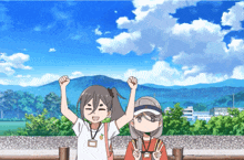 two anime girls are standing next to each other with their arms up in the air