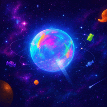 a colorful planet with candy around it in a galaxy