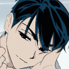 a drawing of a person with blue hair and red eyes
