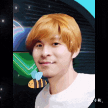 a pixelated image of a man 's face with a bee on it
