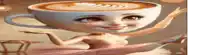 a cartoon girl is dancing with a cup of coffee in her head .