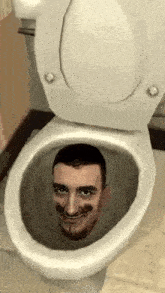 a man 's face is sticking out of a toilet .