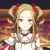 a girl with pigtails has a red heart on her face