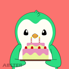 a green penguin is holding a birthday cake with candles on it