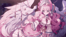 a girl with pink hair and white wings is wearing a pink and white dress