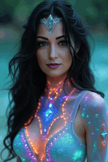 a woman with glow in the dark paint on her body and a crown on her head
