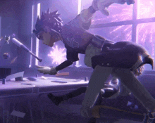 a cartoon character is holding a baseball bat in a purple room