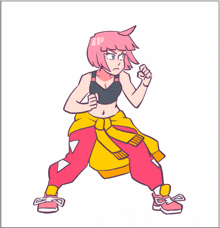 a cartoon drawing of a girl with pink hair standing in a karate pose