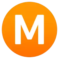 an orange circle with a white letter m inside