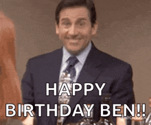 a man in a suit and tie is smiling and says happy birthday ben .