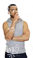 a man covering his mouth with his hand while looking at mathematical equations on a white board