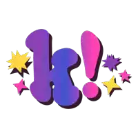 a purple and pink letter k is surrounded by yellow and purple stars
