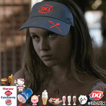 a woman wearing a dq hat is surrounded by ice cream and burger king logos