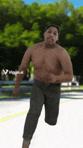a shirtless man is running down a street with a viggle.ai logo in the background