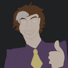 a man in a purple suit and yellow tie is giving a thumbs up