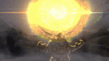 a cartoon character is standing in front of a huge yellow explosion