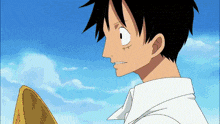 monkey d luffy from one piece holds a straw hat in his hand