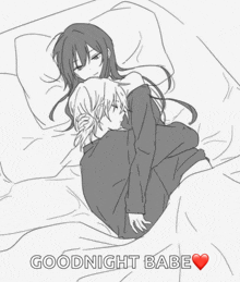 a black and white drawing of a man and a woman laying in bed with the words goodnight babe above them