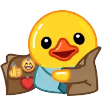a yellow duck is holding a brown wallet with stickers on it