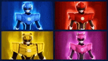four robots are standing next to each other on a blue , yellow , red , and pink background .